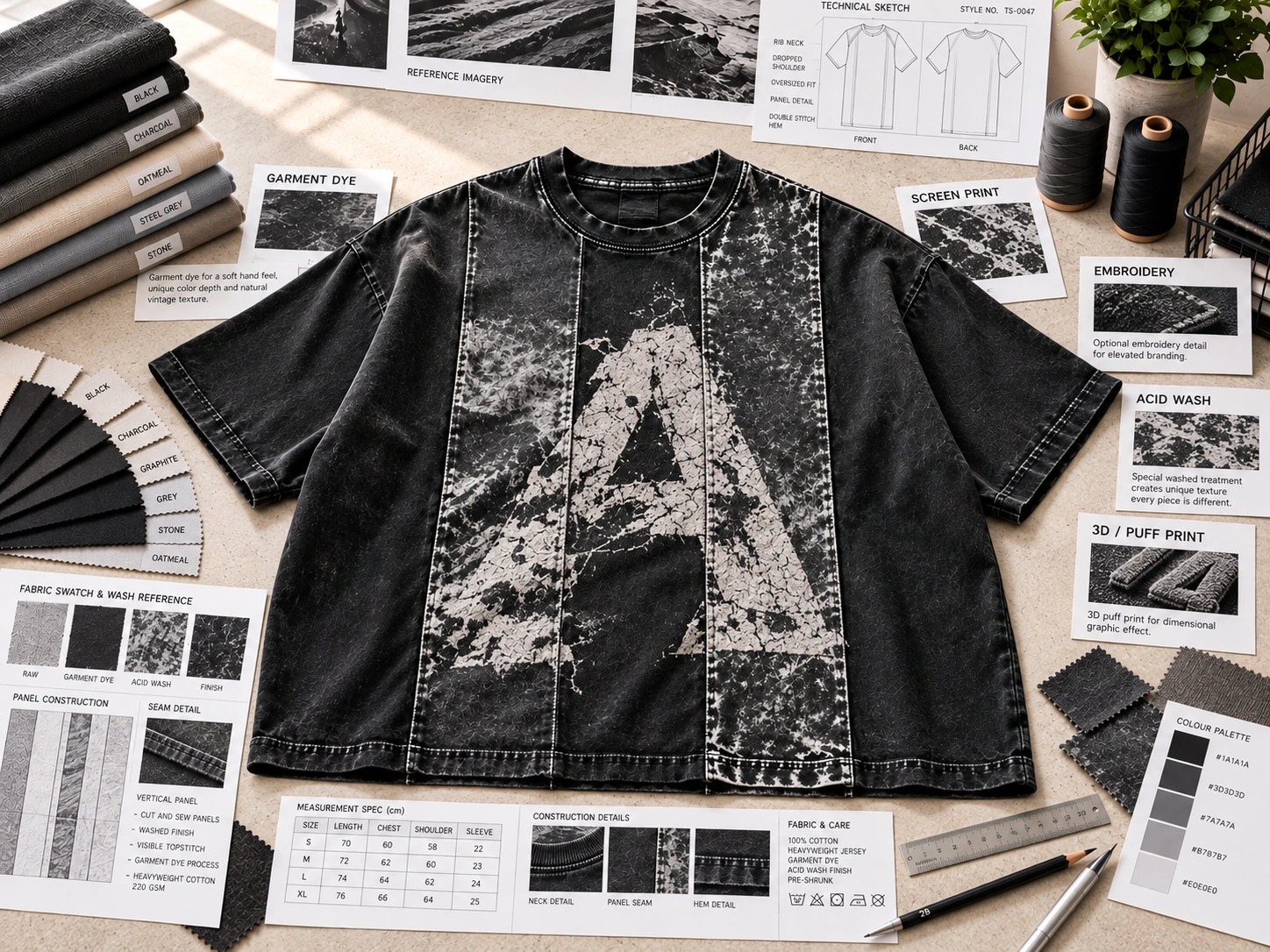 Streetwear T-shirt development setup with vintage washed fabric direction