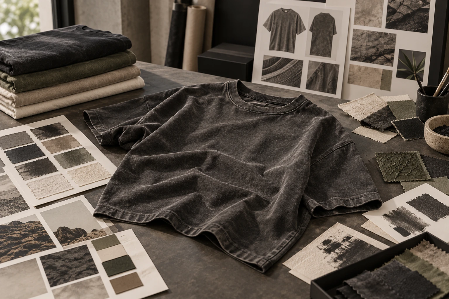 Charcoal acid wash heavyweight T-shirt with washed texture and development references