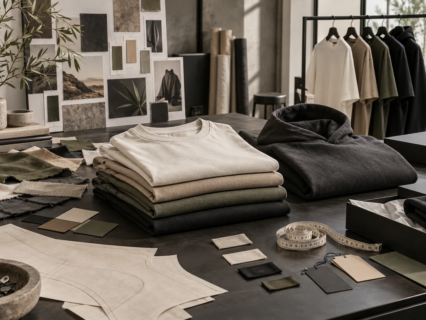 Custom T-shirt development studio with garments, fabrics, patterns and brand materials