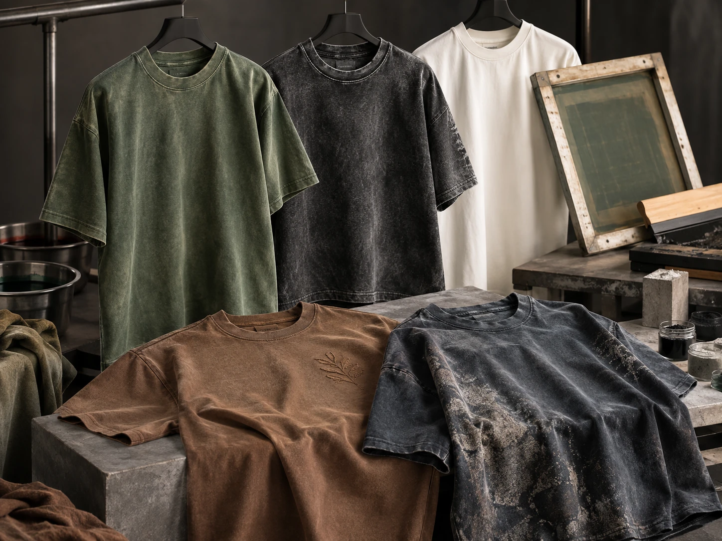 Washed and decorated heavyweight T-shirts in a streetwear development studio