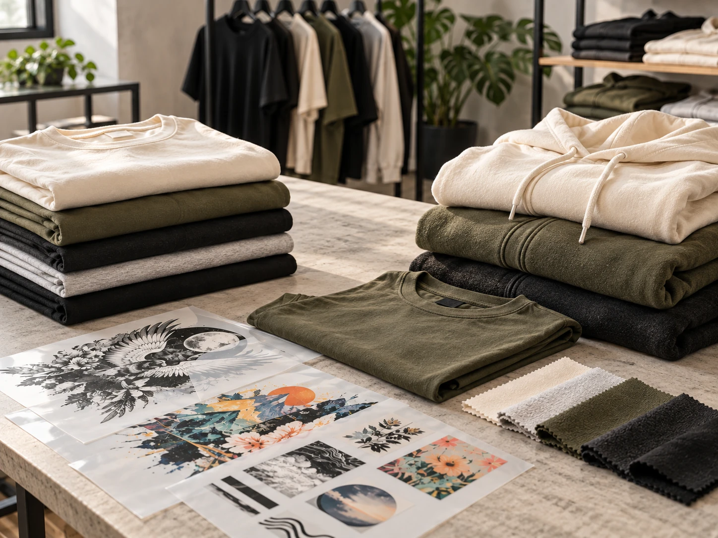 Neutral streetwear garments and fabric swatches prepared for DTF development