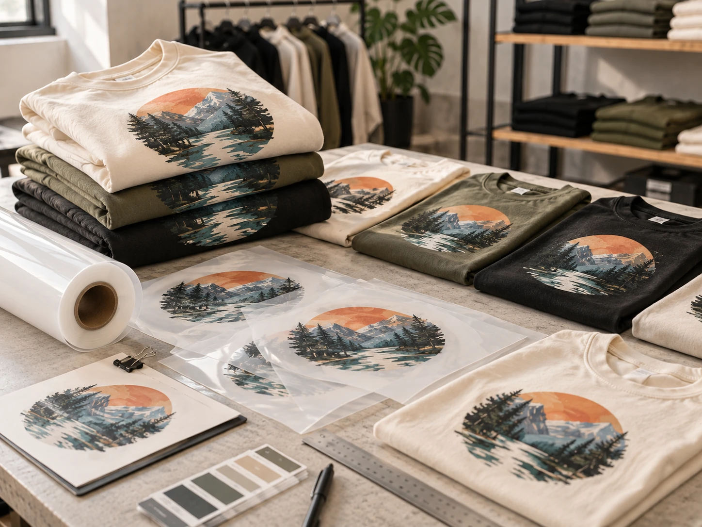 Repeated printed garments and transfer samples arranged for quality review