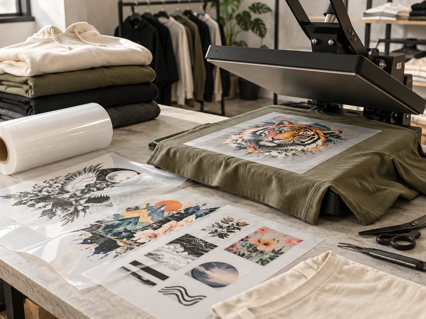 DTF heat press workstation with transfer sheets and streetwear garments