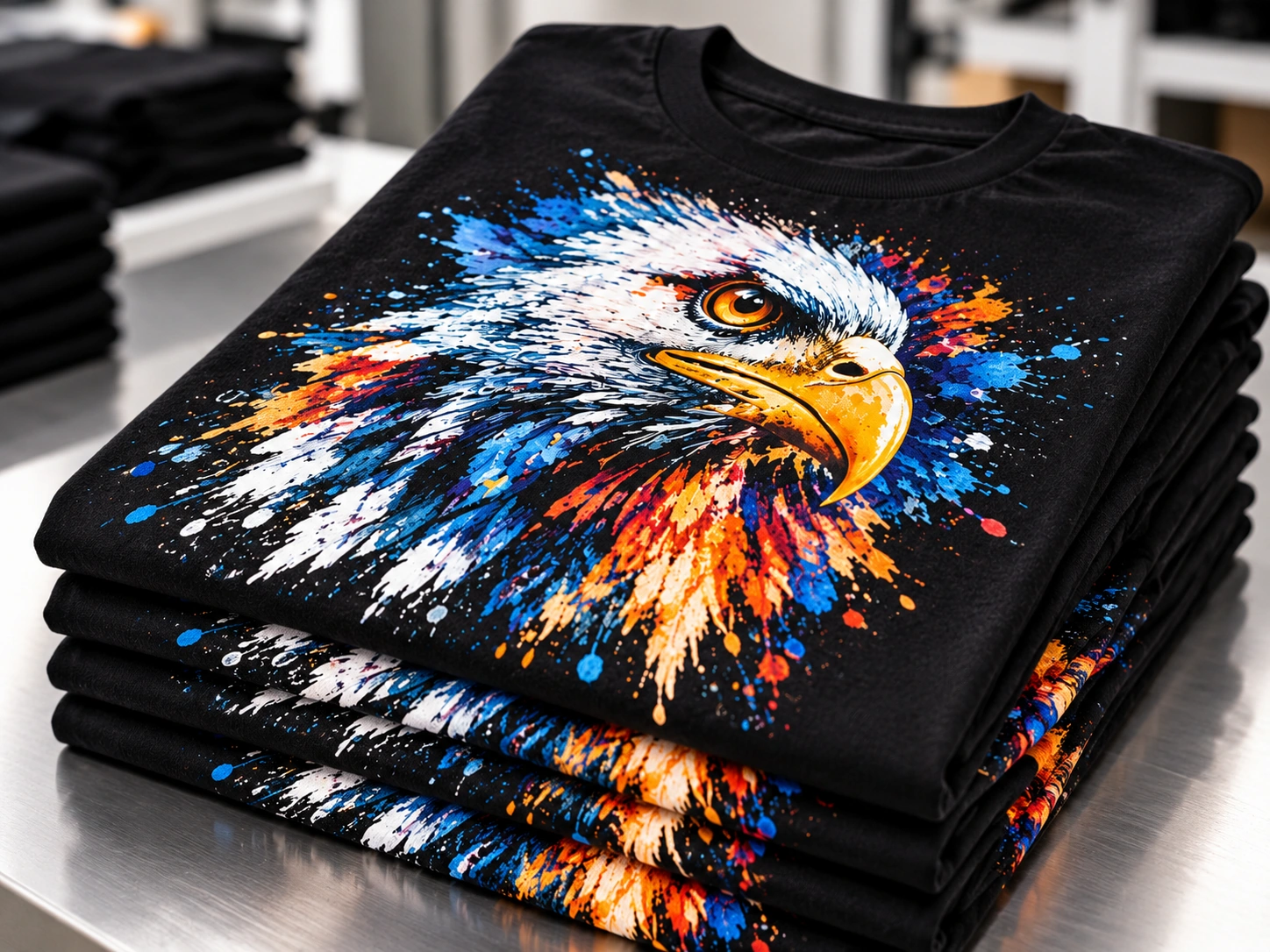 Finished DTG printed T-shirts stacked after production