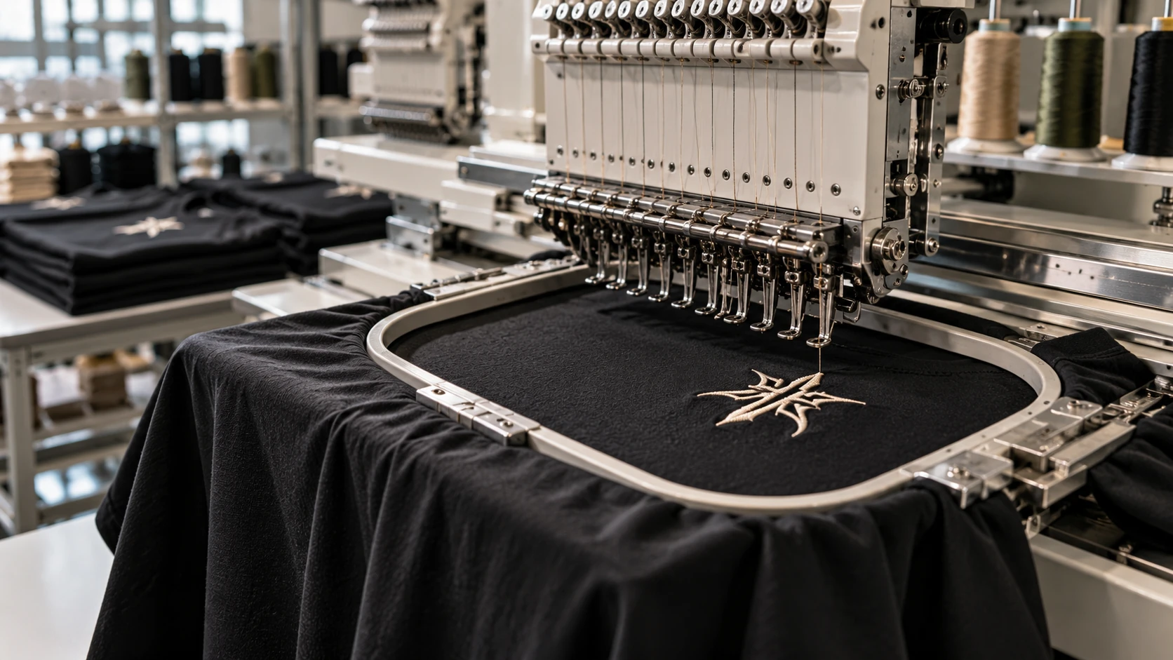 Industrial embroidery machine producing an original geometric sample