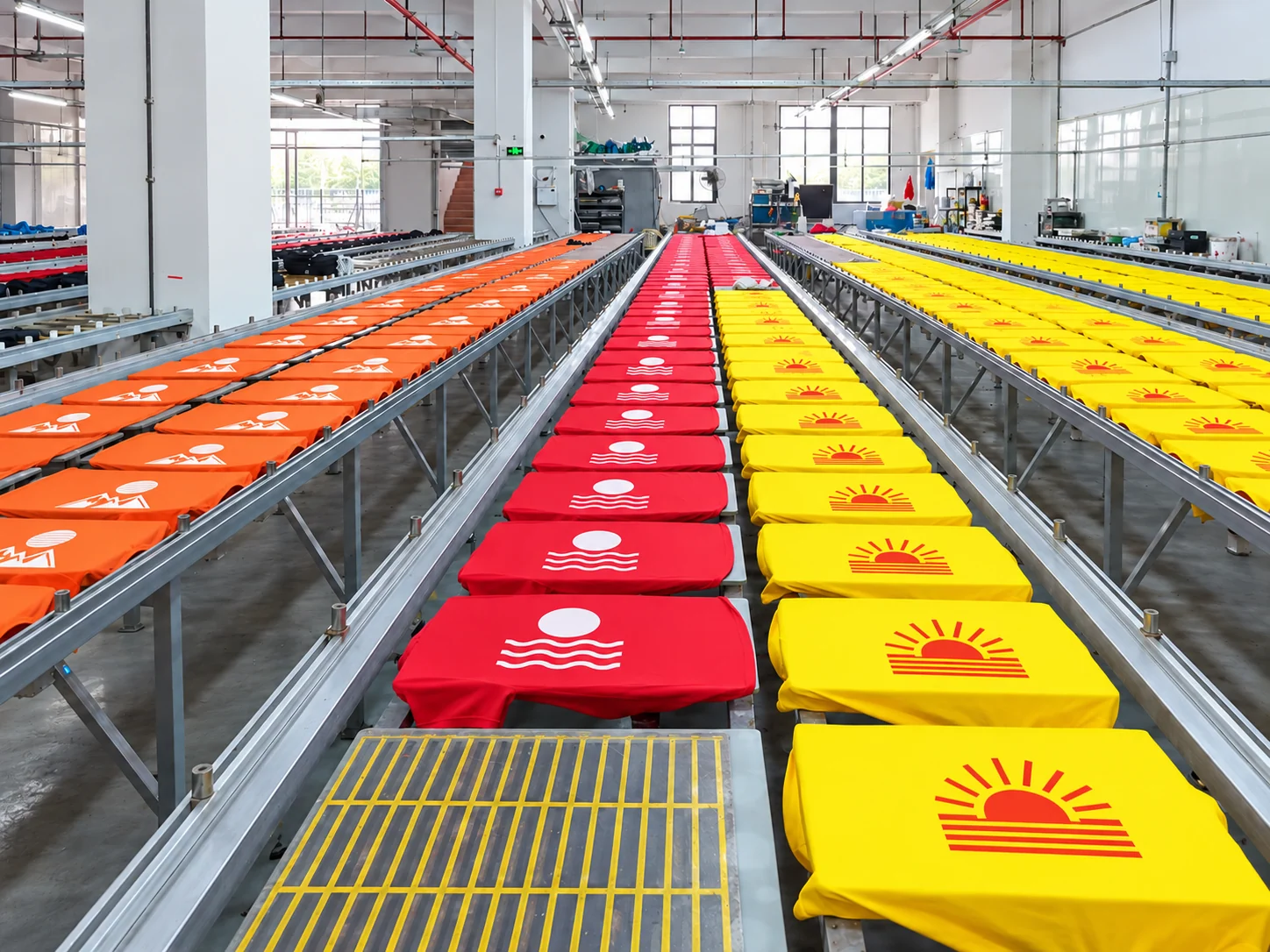 Rows of orange, red and yellow T-shirts on screen-printing tables.