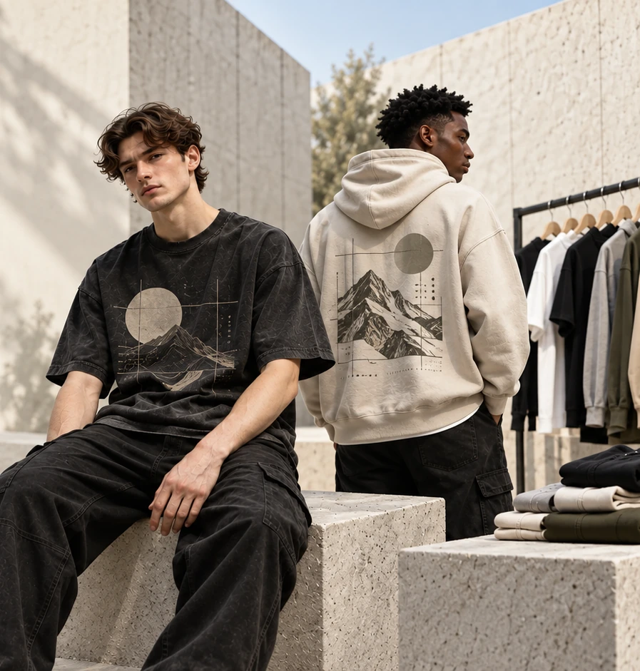 Two streetwear models wearing black graphic heavyweight T-shirt and beige graphic hoodie in a modern neutral showroom
