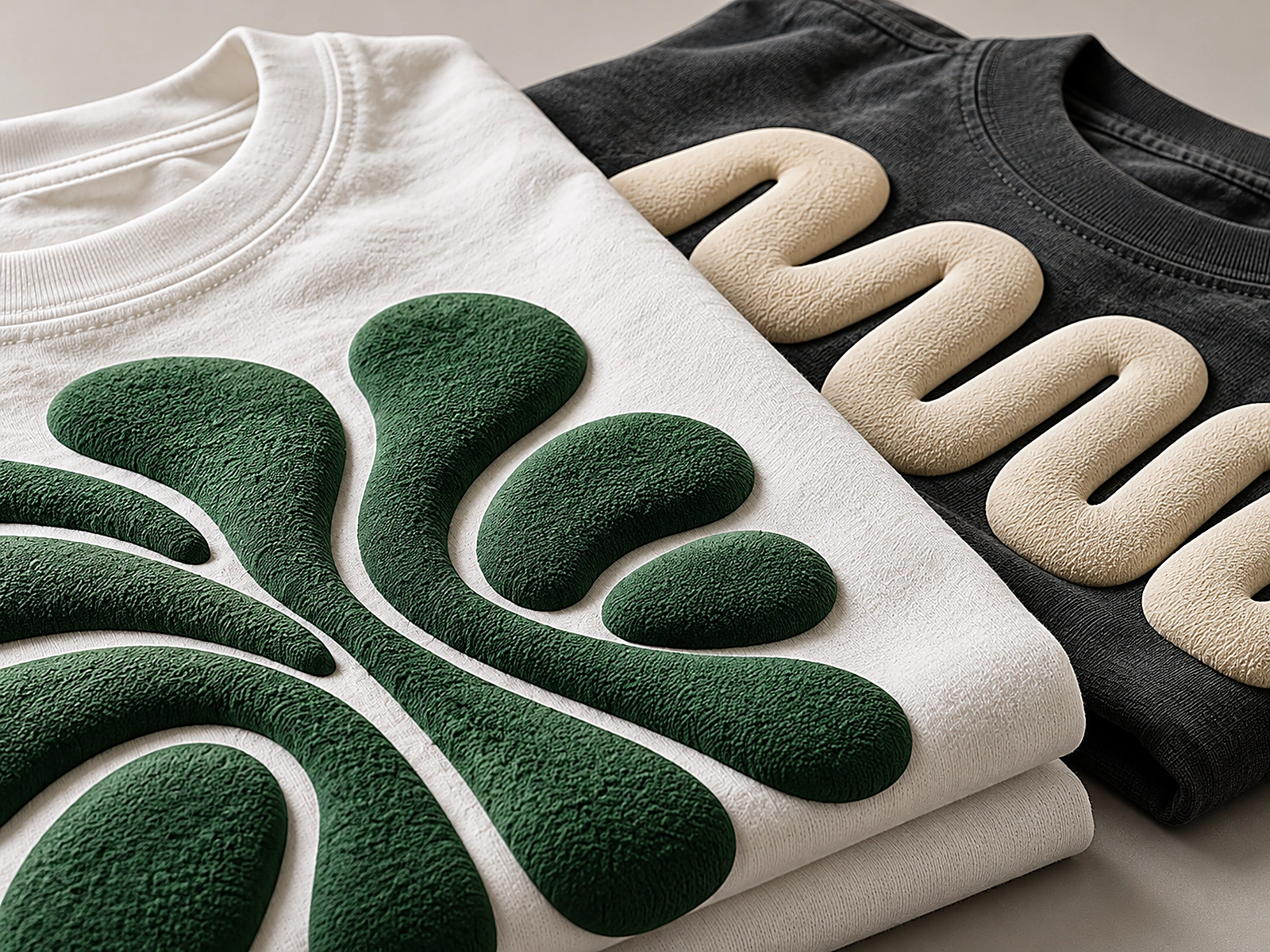 Close-up of original raised puff-print artwork on a streetwear T-shirt