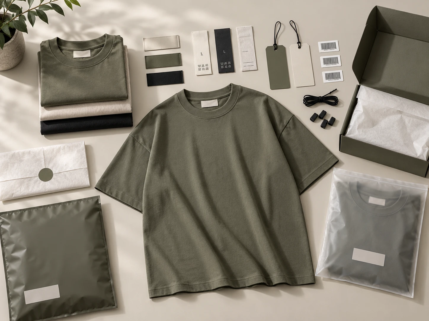 Private label branding and packaging development flat lay showing an olive oversized T-shirt, custom labels, hang tags, packaging materials and branded presentation details.