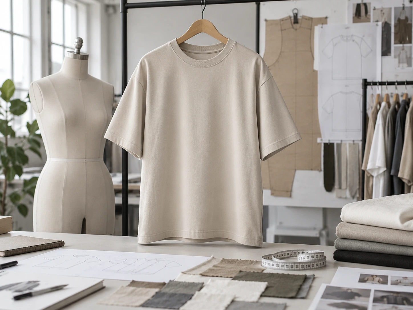 Oversized heavyweight T-shirt development image showing silhouette, collar structure, fabric weight and pattern-making details.